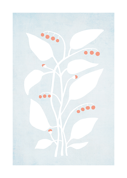  – Illustration de feuilles en blanc et de baies en rouge, sur un fond bleu clair