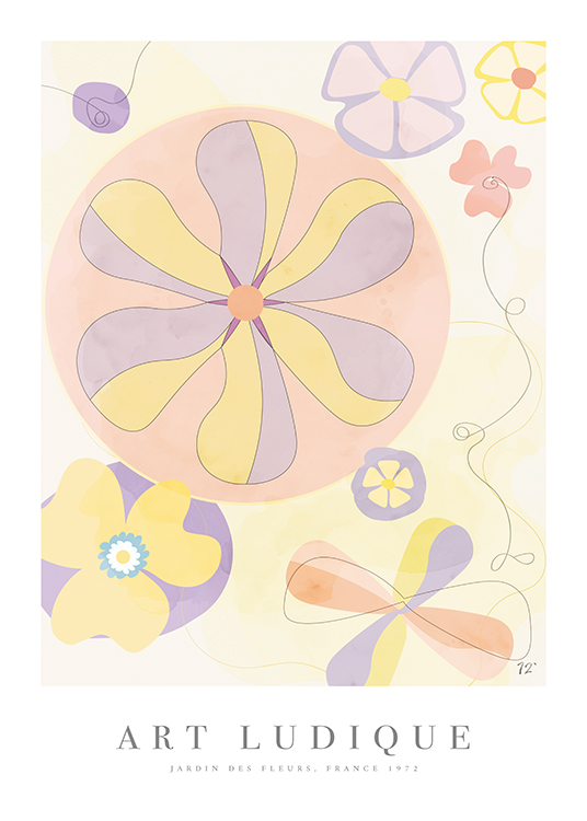  – Illustration avec des fleurs abstraites roses, violettes et jaunes sur un fond clair