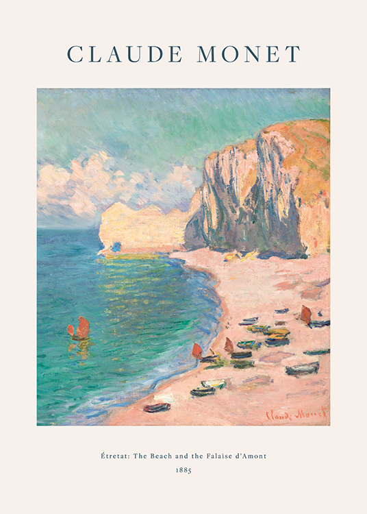  – Peinture d’une plage au bord de l’océan et des falaises à l’arrière-plan