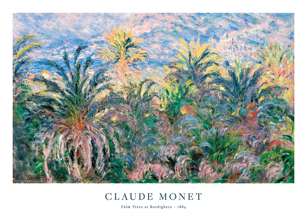  – Peinture de Monet avec des palmiers abstraits colorés et un ciel bleu et rose à l’arrière-plan