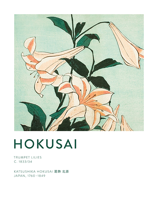  – Peinture par Hokusai de lys trompette et de feuilles vertes sur un fond vert clair