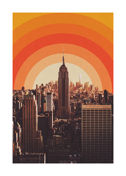  – Photographie d’immeubles à New York avec un coucher de soleil abstrait et graphique à l’arrière-plan
