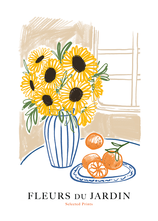  – Illustration d’un vase avec des tournesols et des oranges à côté, avec du texte dessous