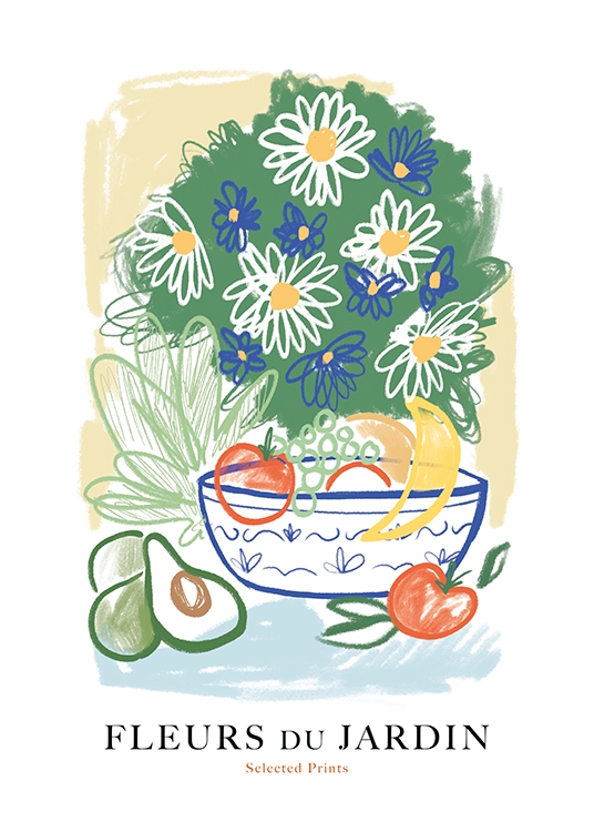  – Illustration d’un bouquet de fleurs et de fruits et légumes dans un bol
