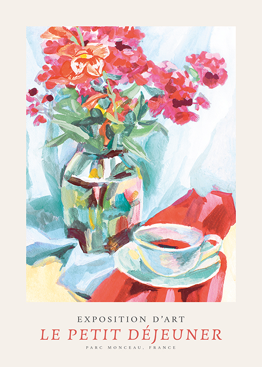  – Peinture d’une tasse de café à côté d’un bouquet de fleurs rouges et roses dans un vase