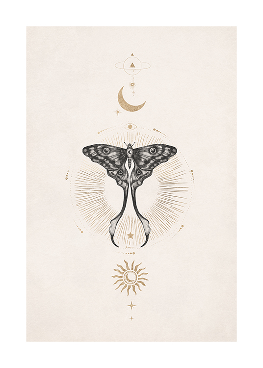  – Affiche symétrique mettant en scène une lune, un soleil et un papillon