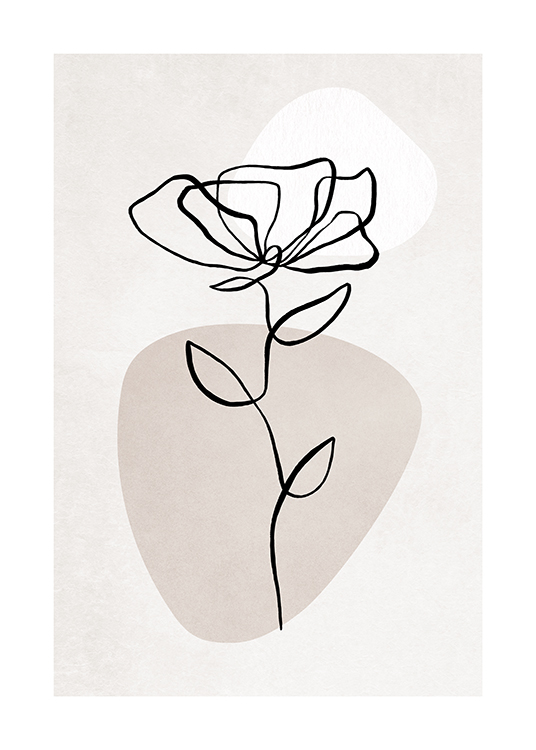– Illustration en line art d’une fleur noire sur un fond en gris clair avec une forme blanche et beige