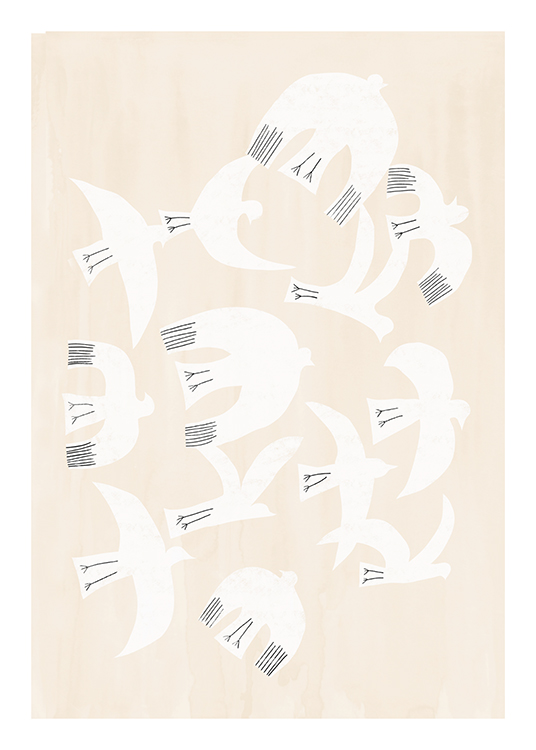  – Illustration graphique d’une nuée d’oiseaux blancs sur un fond beige