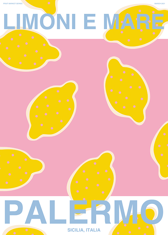  – Illustration graphique avec du texte bleu et des citrons jaunes sur un fond blanc et rose