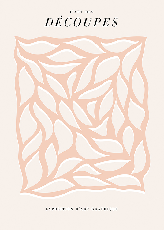  – Illustration graphique avec un motif abstrait en rose et blanc sur un fond rose clair/beige