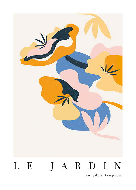  – Illustration abstraite avec des fleurs roses, orange, bleues et jaunes sur un fond beige clair