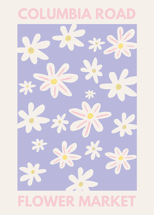  – Illustration graphique avec un motif floral composé de fleurs blanches sur un fond violet