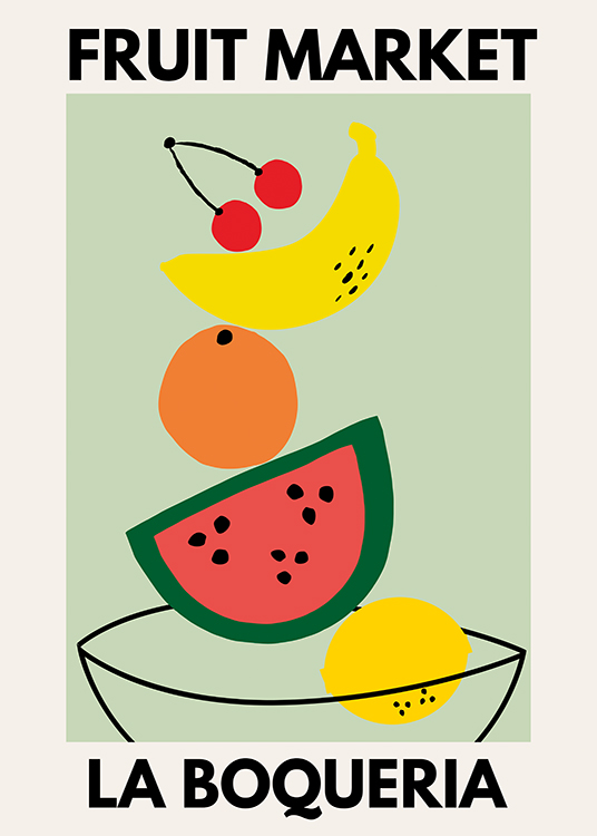  – Illustration graphique de fruits en équilibre les uns sur les autres dans un bol, sur un fond vert