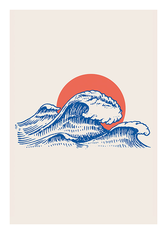  – Illustration de vagues océaniques bleues avec un soleil rouge derrière, sur un fond beige