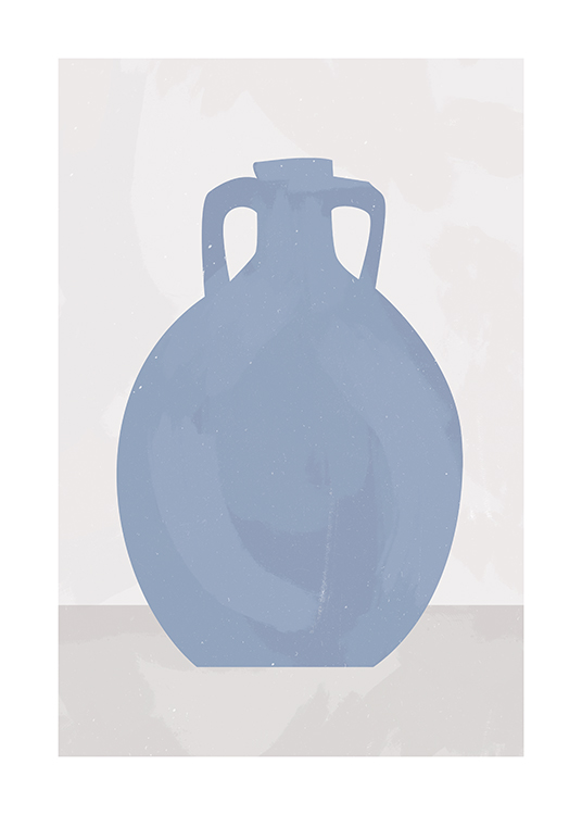  – Illustration avec un vase en céramique bleu dessiné à la main avec des anses sur les côtés, sur un fond beige