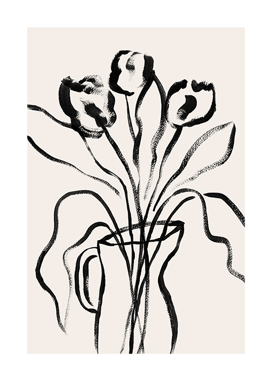 – Illustration avec des feuilles noires dans un vase noir sur un fond beige
