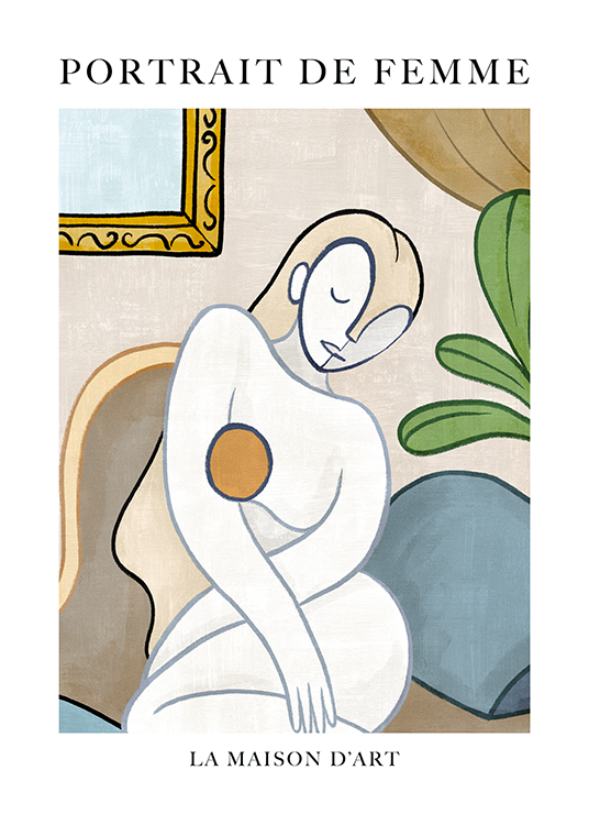  – Illustration abstraite avec un portrait d’une femme nue en blanc et beige