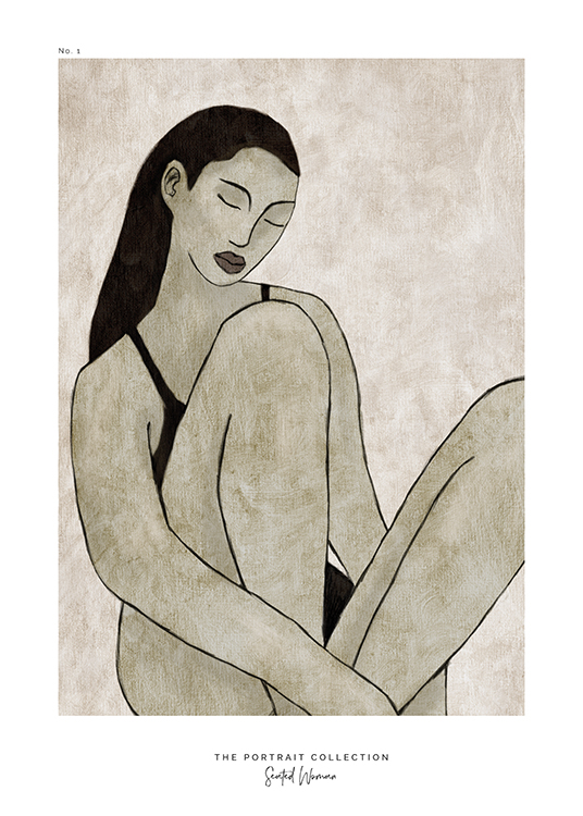  – Illustration en échelle de gris d’une femme assise les jambes pliées sur un fond beige
