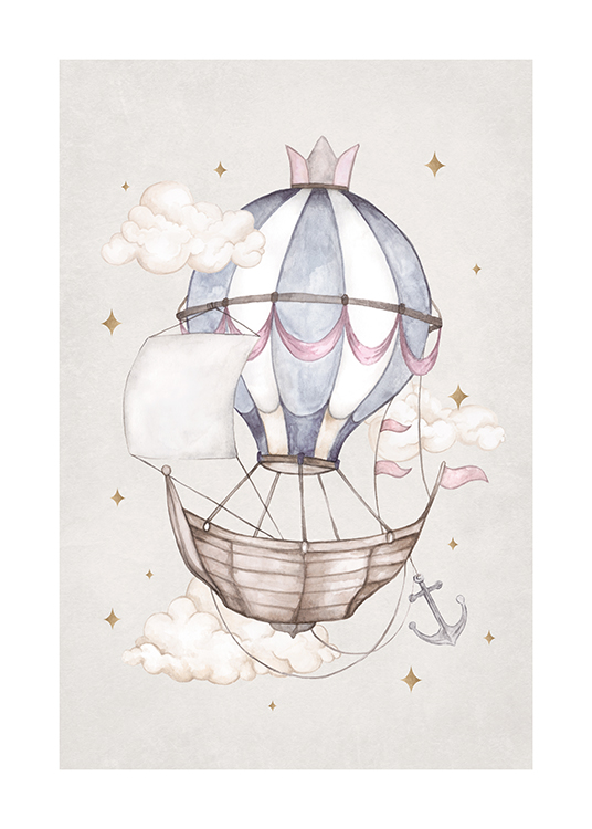  – Illustration d’un bateau attaché à une montgolfière bleue, entouré de nuages et d’étoiles scintillantes
