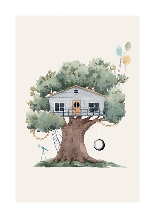  – Illustration d’une maison bleue dans un arbre avec une balançoire et des ballons, sur un fond beige clair