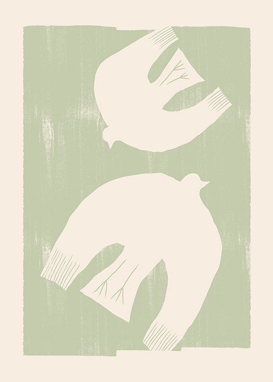 – Illustration avec des oiseaux abstraits en beige clair sur un fond texturé en vert