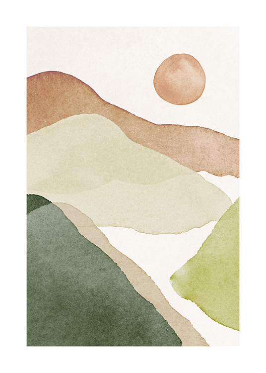  – Illustration à l’aquarelle d’un paysage de montagne en vert et beige