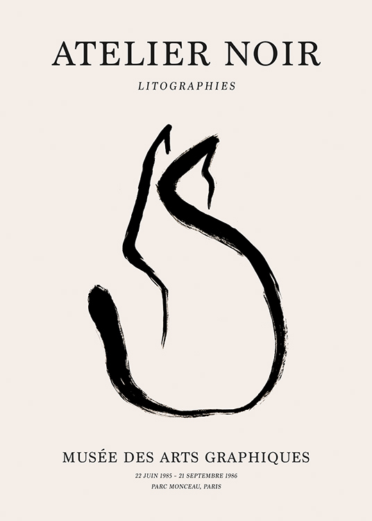  – Illustration en line art d’un chat abstrait noir avec du texte au-dessus et en dessous sur un fond beige clair