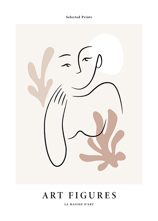  – Illustration avec une femme abstraite en line art, des feuilles beiges et un cercle blanc sur un fond clair