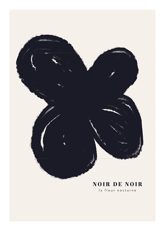  – Illustration d’une fleur abstraite en noir sur un fond beige clair avec du texte en dessous