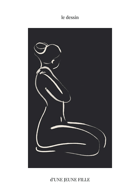  – Illustration avec une femme nue à genoux, dessinée au trait sur un fond noir et clair