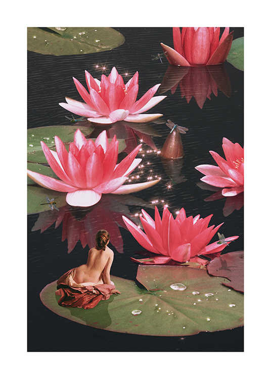  – Illustration avec des nénuphars roses flottant dans l’eau scintillante et une femme assise sur une feuille de nénuphar