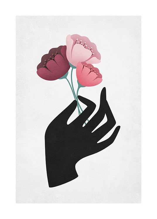  – Illustration de trois fleurs roses tenues par une main noire sur un fond gris clair
