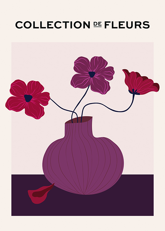  – Illustration graphique avec des fleurs violettes et rouges dans un vase violet sur un fond beige
