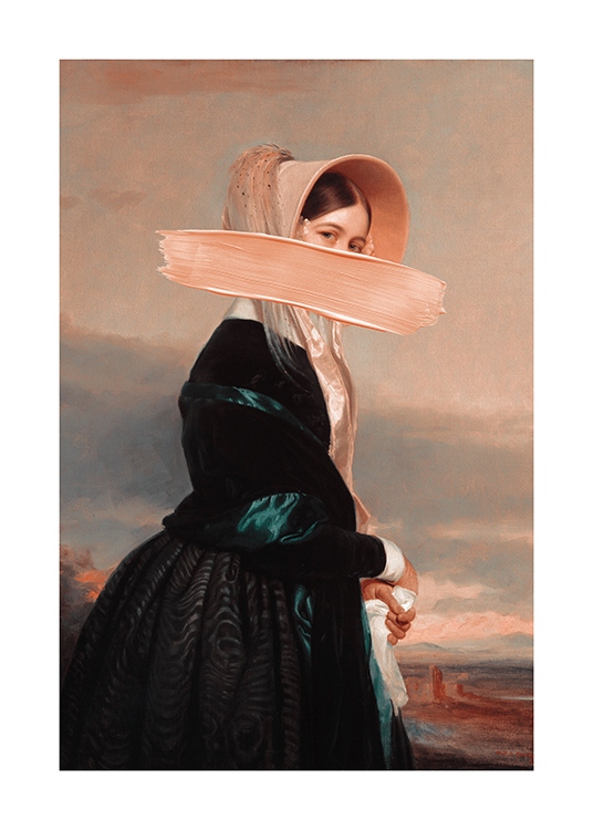  – Portrait peint d’une femme portant un bonnet beige et une robe vert foncé avec un coup de pinceau sur son visage