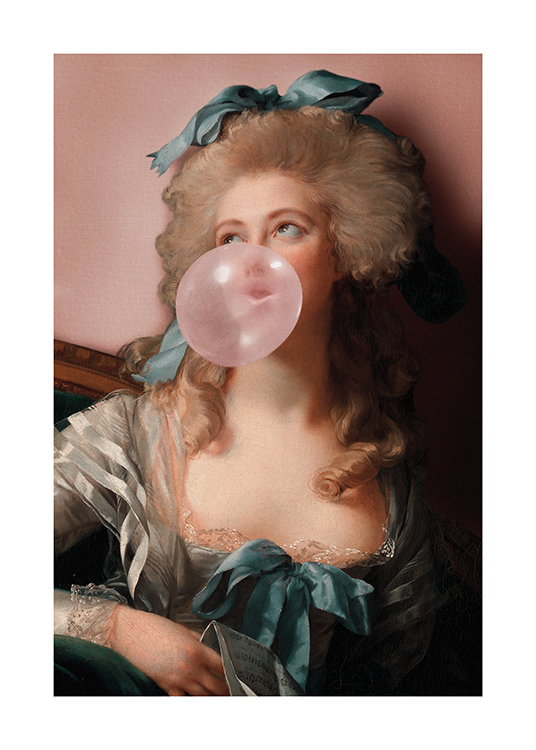  – Portrait peint d’une femme avec un nœud dans les cheveux, faisant une bulle avec un chewing-gum rose
