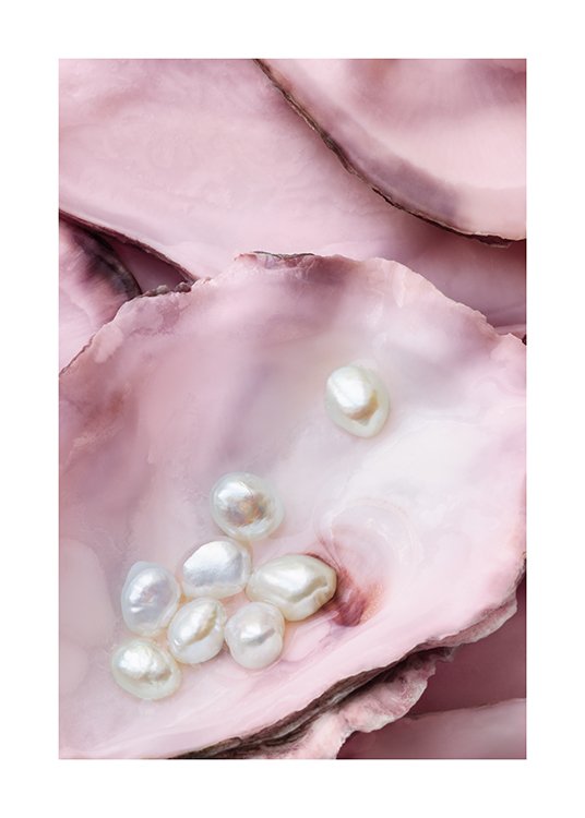  – Photographie d’huîtres roses avec des perles blanches posées dans l’une des huîtres