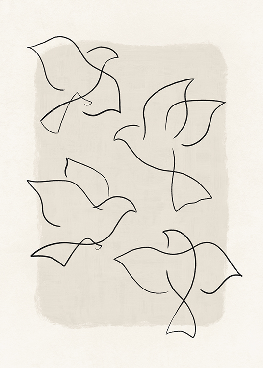  – Illustration en line art avec des oiseaux noirs sur un fond beige texturé