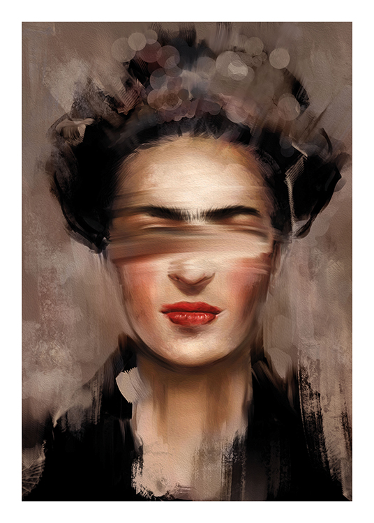  – Peinture avec un portrait abstrait de Frida Kahlo aux lèvres rouges sur un fond beige et marron