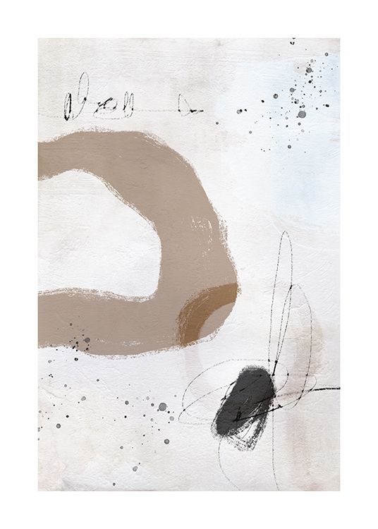  – Peinture avec des éclaboussures de peinture abstraites et des formes en gris et beige sur un fond gris clair
