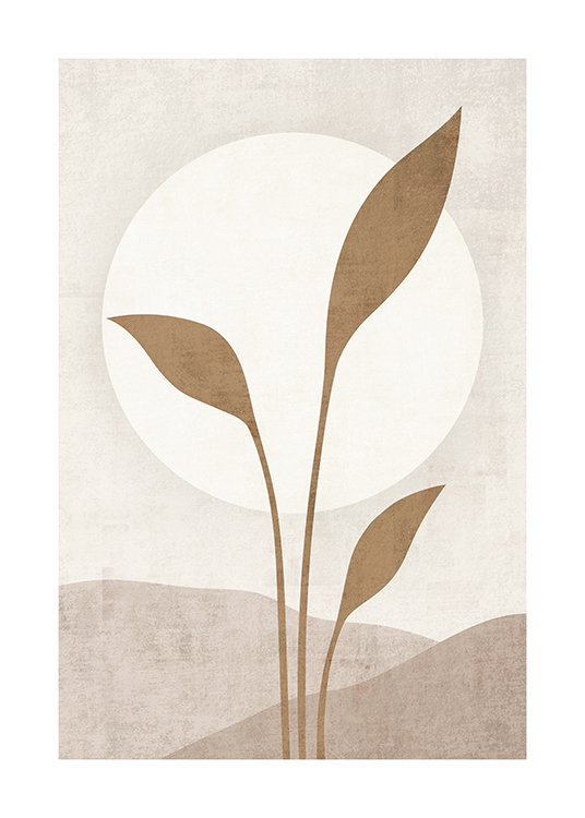  – Illustration avec un soleil blanc derrière des feuilles beiges, sur un fond beige