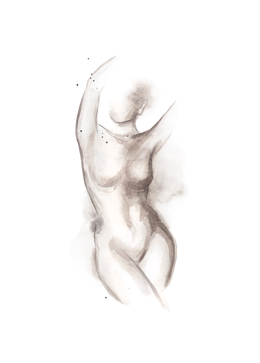  – Esquisse d’un corps féminin nu avec les bras tendus vers le ciel sur un fond blanc