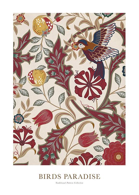  – Illustration avec un oiseau et des fleurs en rouge, gris et beige sur un fond beige clair
