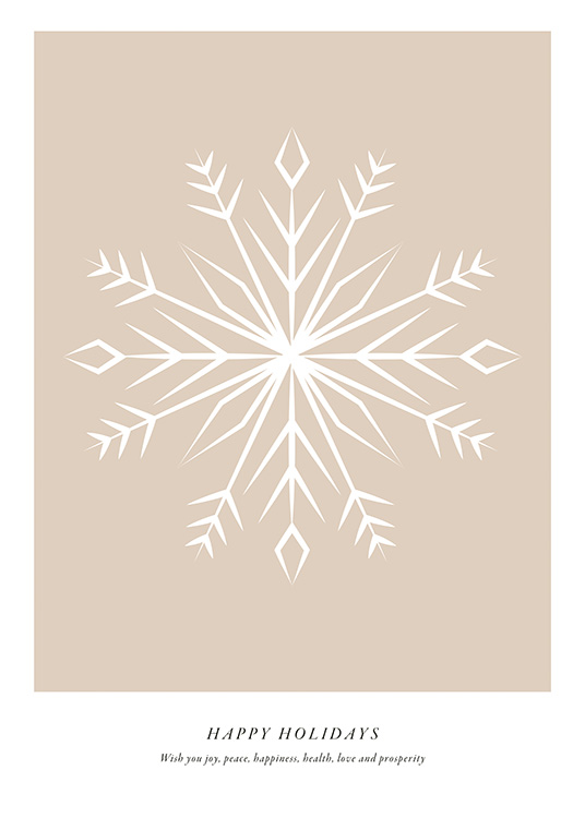 – Illustration d’un flocon de neige blanc et abstrait sur un fond beige avec du texte en dessous