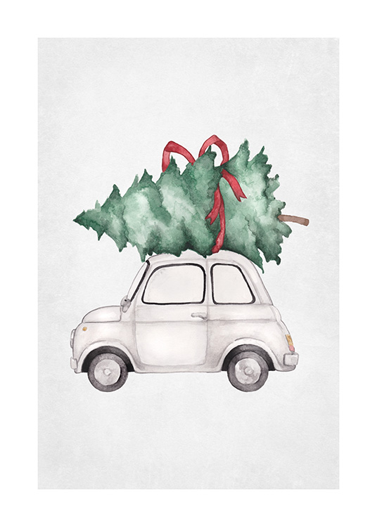  – Illustration d’une petite voiture avec un sapin de Noël vert sur le toit, enveloppé d’un nœud rouge