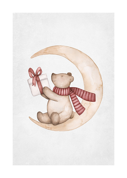 – Illustration d’un ourson assis sur une lune, tenant un cadeau de Noël et portant une écharpe rouge