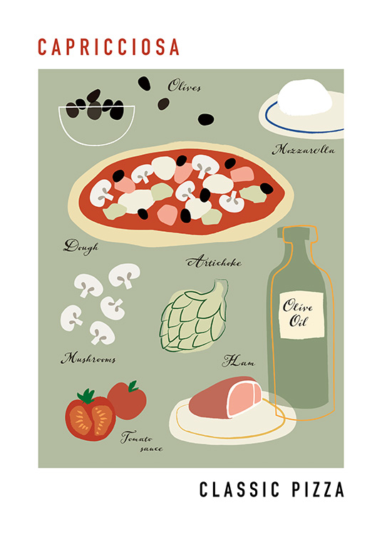  – Illustration graphique avec les ingrédients d’une pizza capricciosa sur un fond gris-vert