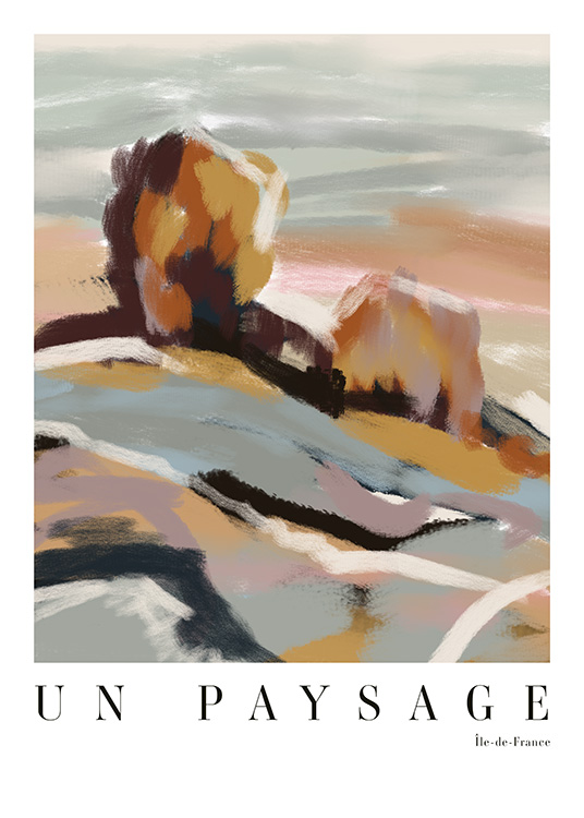  – Peinture abstraite d’un paysage dans des tons de beige, gris, rose et blanc avec du texte en bas