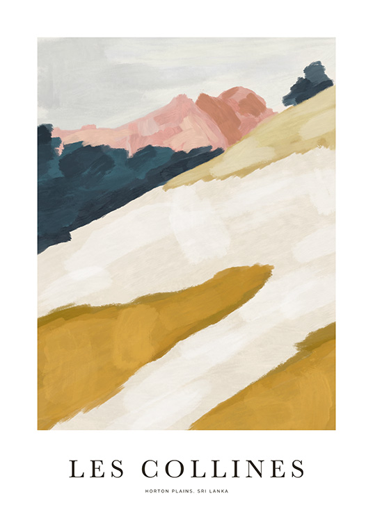  – Peinture avec un motif abstrait en jaune, beige, bleu et rose avec du texte en dessous