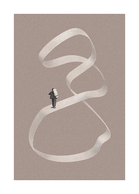  – Illustration d’un homme marchant sur une forme tourbillonnante sur un fond gris