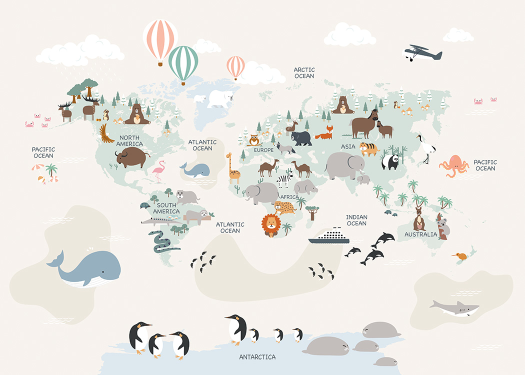  – Illustration avec une carte du monde et des animaux sur les continents